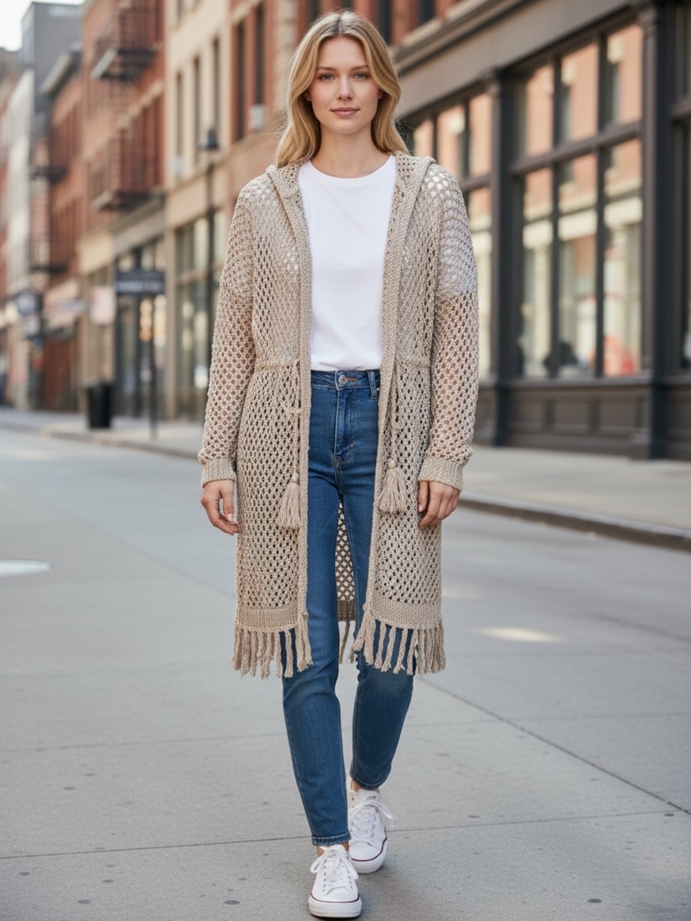 J. Jill Beige Open-Knit Hooded Fringe Cardigan